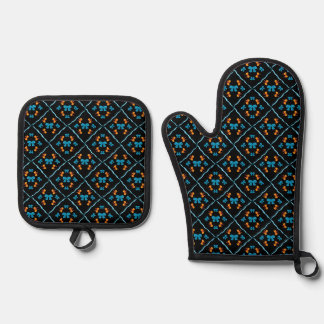 Charming Coquette Bow Geometric Tile Black Oven Mitt & Pot Holder Set
