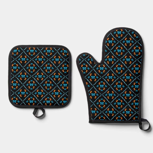 Charming Coquette Bow Geometric Tile Black Oven Mitt & Pot Holder Set (Front)