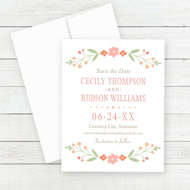 Charming Coral Floral Garland Wedding Save The Date (Creator Uploaded)