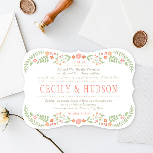 Charming Coral Pink Floral Garland Wedding Invitation