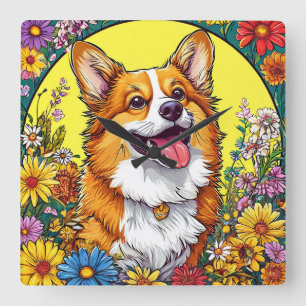 Charming Corgi Surrounded by Colorful Flowers Square Wall Clock