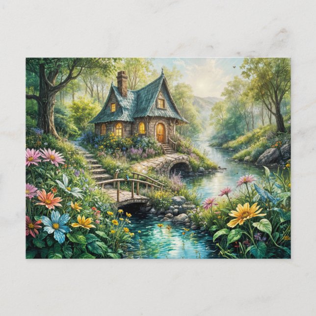 Charming Cottage by Serene Stream Postcard (Front)