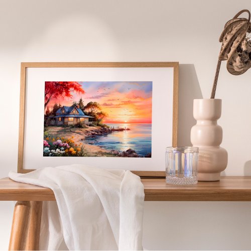 Charming Cottage Seascape Tranquil Sunset Poster
