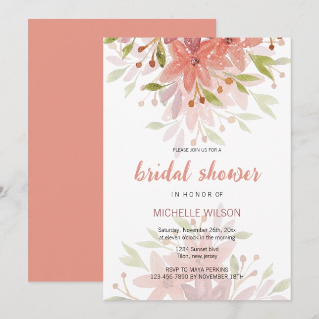 Charming Country Terracotta Blush Floral Art Invitation (Front/Back)