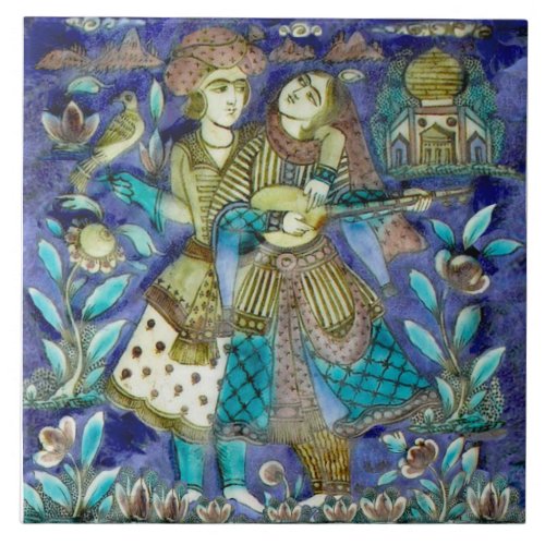 Charming Couple wBird Lute Persian 1800s Repro Ceramic Tile