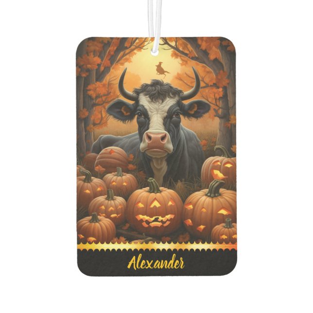 Charming cow among glowing pumpkins in autumn glow air freshener (Back)
