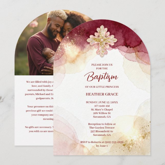 Charming Cross Burgundy & Gold Glitter Baptism Invitation (Front/Back)