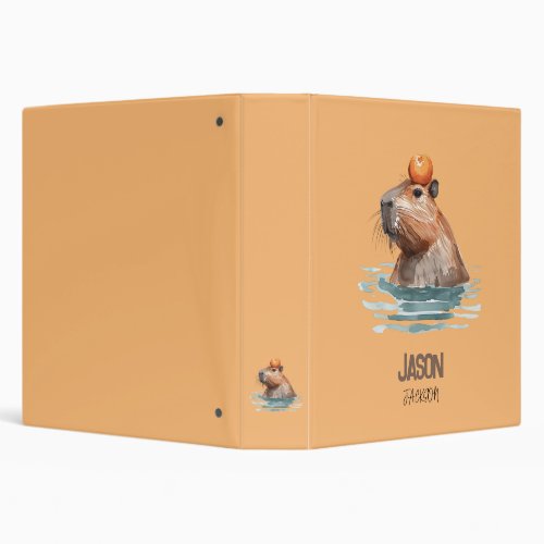 Charming Cute Capybara with Orange and Kids Name 3 Ring Binder