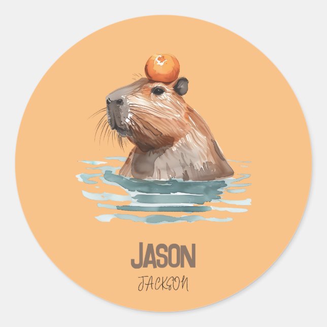 Charming Cute Capybara with Orange and Kids Name Classic Round Sticker (Front)