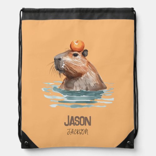 Charming Cute Capybara with Orange and Kids Name Drawstring Bag
