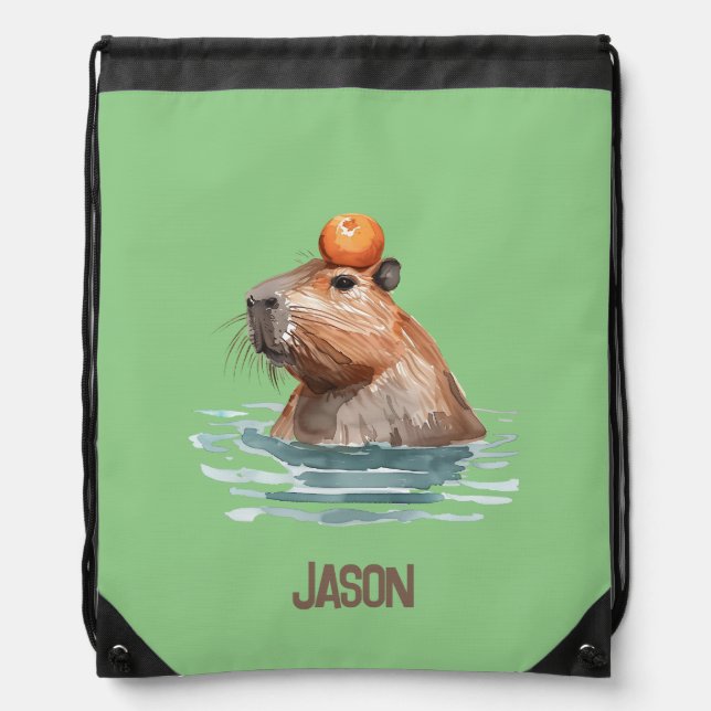Charming Cute Capybara with Orange and Kids Name Drawstring Bag (Front)