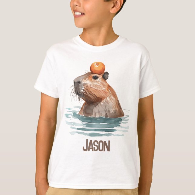 Charming Cute Capybara with Orange and Kids Name T-Shirt (Front)