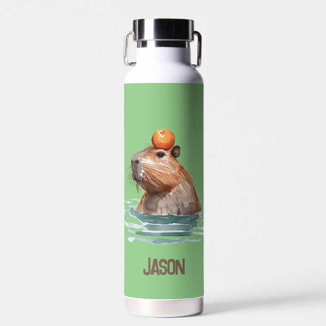 Charming Cute Capybara with Orange and Kids Name Water Bottle (Front)