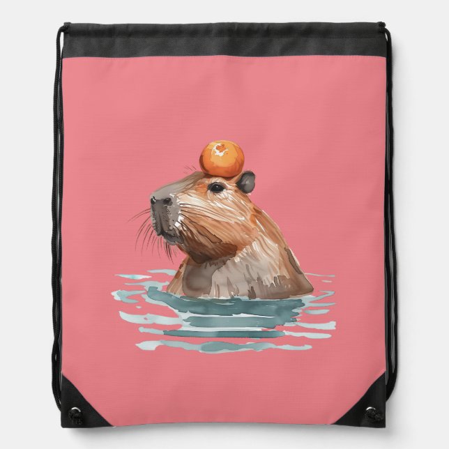Charming Cute Capybara with Orange Drawstring Bag (Front)