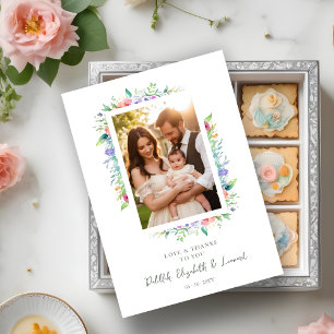 Charming Cute Floral Frame Christening Photo Thank You Card