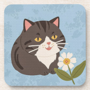 Charming Cute Gray Cat with a Chamomile FLower Beverage Coaster