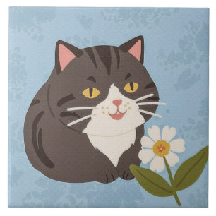 Charming Cute Gray Cat with a Chamomile FLower Ceramic Tile