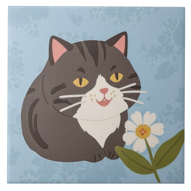 Charming Cute Gray Cat with a Chamomile FLower Ceramic Tile (Front)