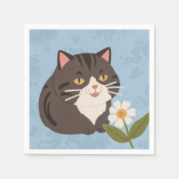 Charming Cute Gray Cat with a Chamomile FLower Napkins