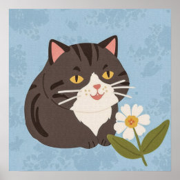 Charming Cute Gray Cat with a Chamomile FLower Poster