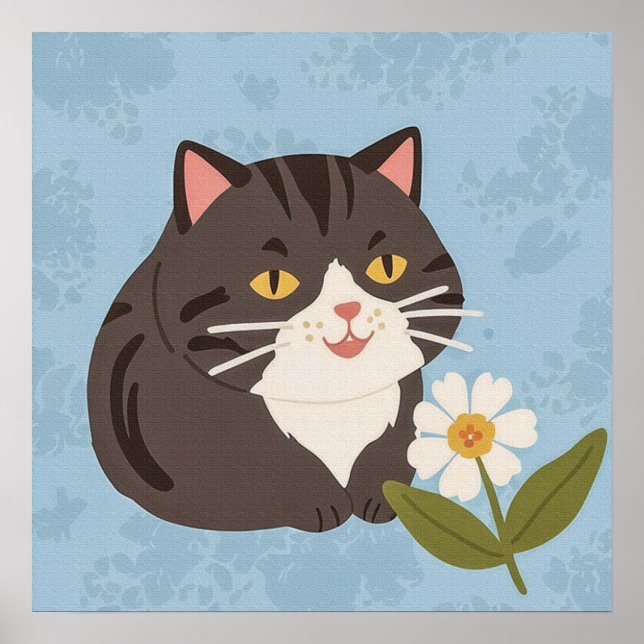 Charming Cute Gray Cat with a Chamomile FLower Poster (Front)