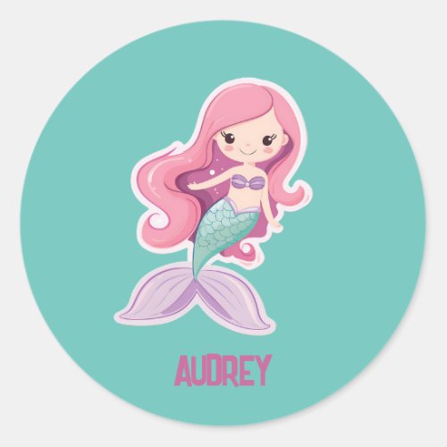 Charming Cute Pastel Mermaid with Kids Name Classic Round Sticker