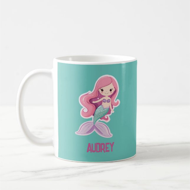 Charming Cute Pastel Mermaid with Kids Name Coffee Mug (Left)
