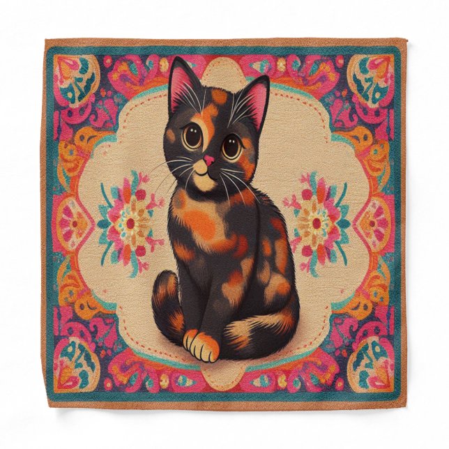 Charming Cute Tortoiseshell Cat Vibrant Border Bandana (Front)