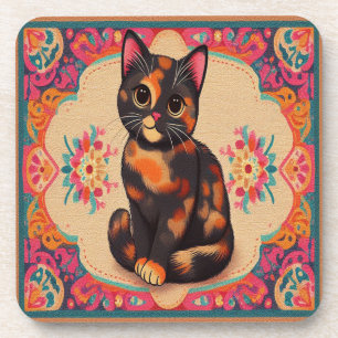 Charming Cute Tortoiseshell Cat Vibrant Border Beverage Coaster