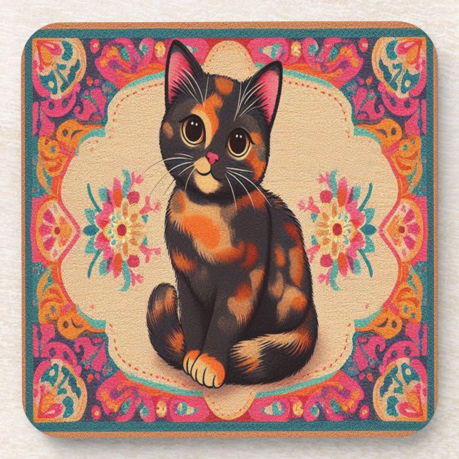 Charming Cute Tortoiseshell Cat Vibrant Border Beverage Coaster (Front)