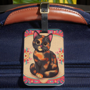 Charming Cute Tortoiseshell Cat Vibrant Border Luggage Tag