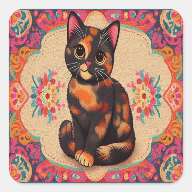 Charming Cute Tortoiseshell Cat Vibrant Border Square Sticker (Front)