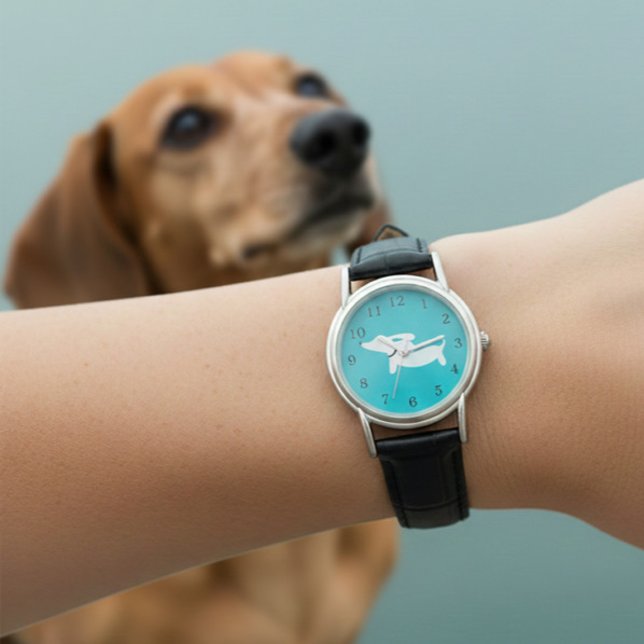 Charming Dachshund Watch Teal Face Leather Band (Wiener dog watch - leather band)