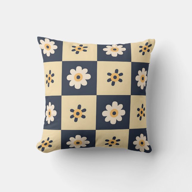 Charming Daisy Checkered Pattern Throw Pillow (Front)
