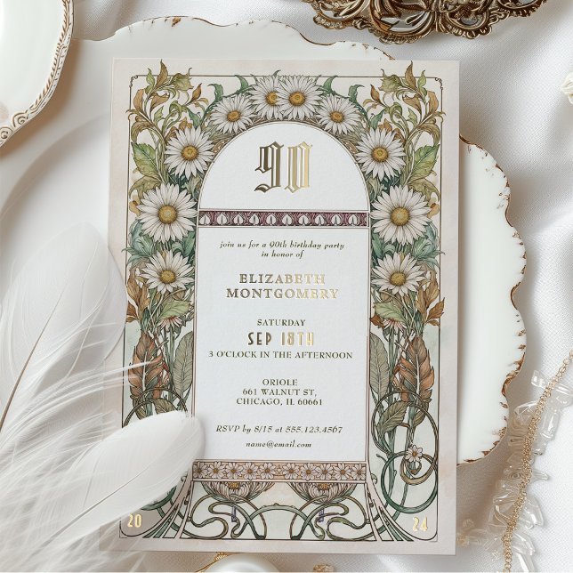 Charming Daisy Floral 90th Foil Birthday Party Invitation (Creator Uploaded)