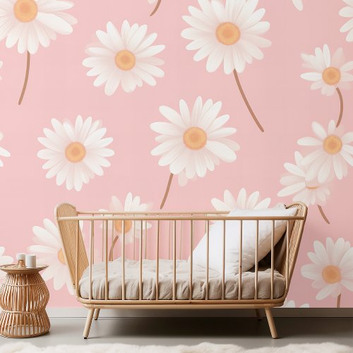 Charming Daisy Kids Room Pattern  Soft Pink Wallpaper