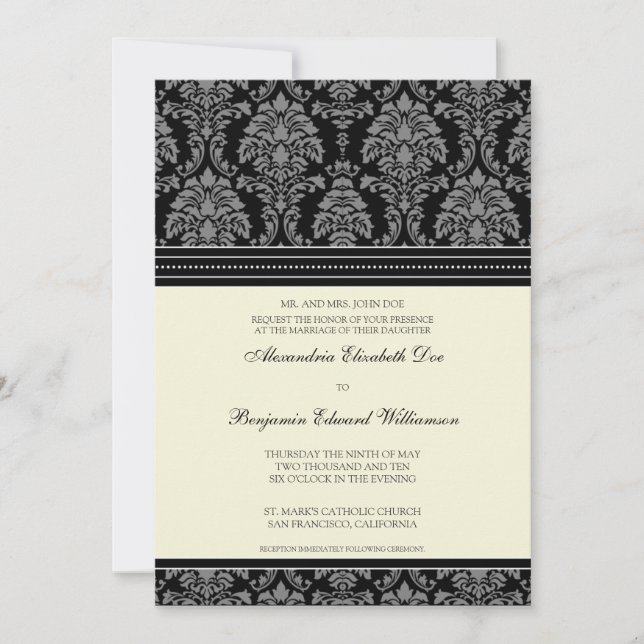Charming Damask 5x7 Wedding Invitation: black Invitation (Front)