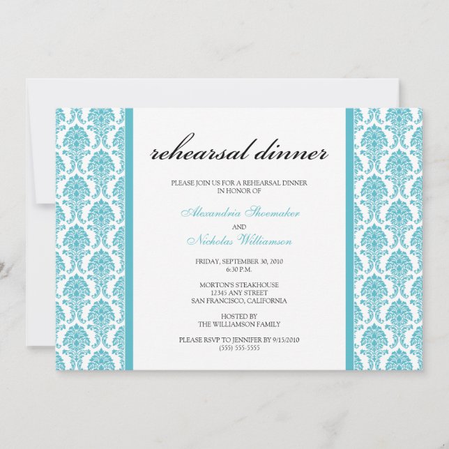 Charming Damask Rehearsal Dinner Invitation (aqua) (Front)