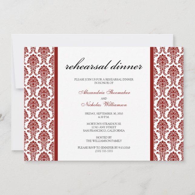 Charming Damask Rehearsal Dinner Invitation (red) (Front)
