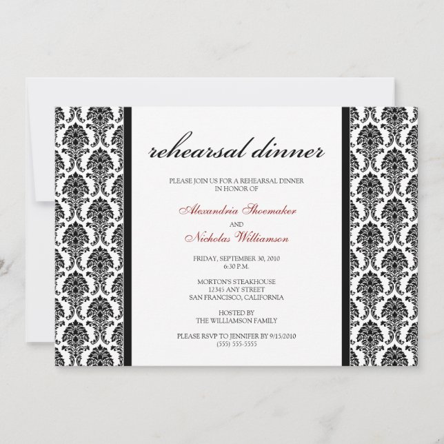 Charming Damask Rehearsal Dinner Invite (black) (Front)