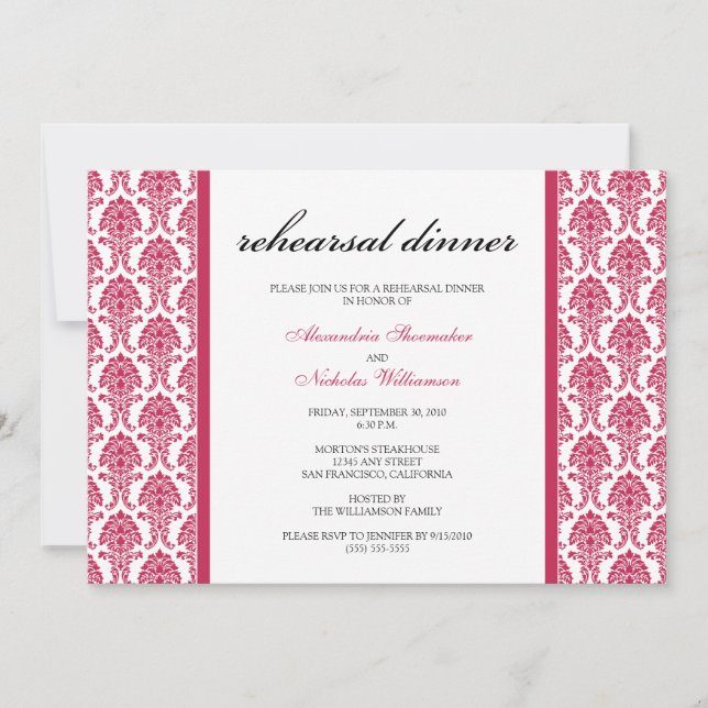 Charming Damask Rehearsal Dinner Invite (fuschia) (Front)