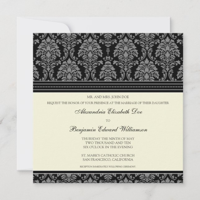 Charming Damask Square Wedding Invitation: black Invitation (Front)