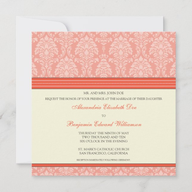 Charming Damask Square Wedding Invitation: coral Invitation (Front)