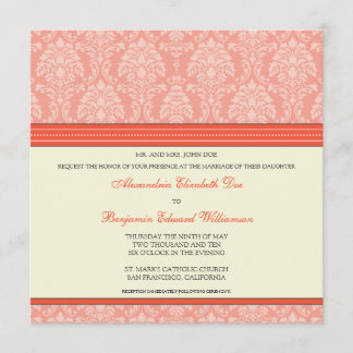 Charming Damask Square Wedding Invitation: coral Invitation