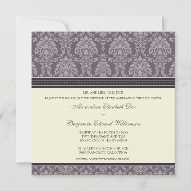 Charming Damask Square Wedding Invitation: plum Invitation (Front)