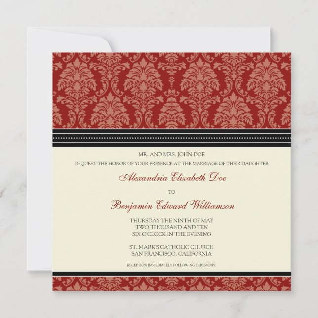 Charming Damask Square Wedding Invitation: red Invitation (Front)