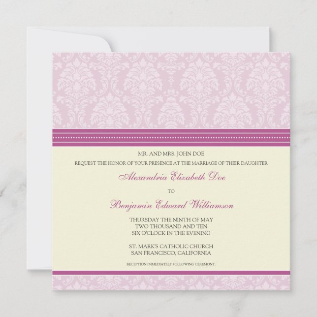 Charming Damask Square Wedding Invitation: violet Invitation (Front)