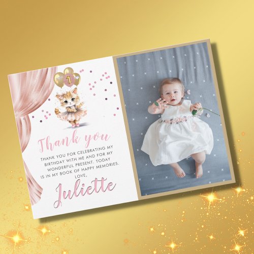 Charming Dancing Cat Photo First Birthday Girl Thank You Card