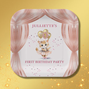 Charming Dancing Kitten Photo First Birthday Girl  Paper Plates