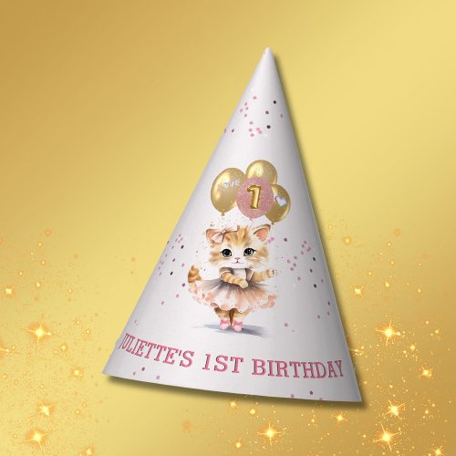 Charming Dancing Kitten Photo First Birthday Girl  Party Hat